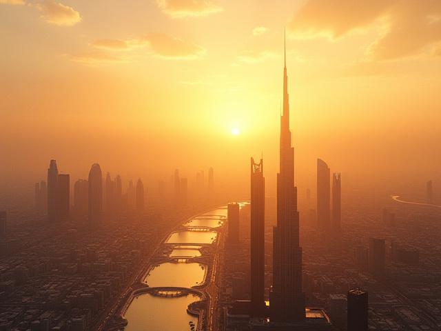 أفق مدينة دبي الحديث يتناغم مع خط عربي تقليدي يرمز لتراث وثقافة المدينة، يعكس حداثة دبي وتراثها.