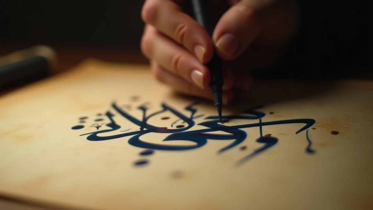 يد خطاط ماهر ترسم حرفًا عربيًا معقدًا بالحبر الأسود على ورق عتيق، مع تأثيرات ضوئية خافتة تبرز التفاصيل الفنية.