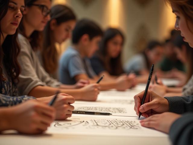 مجموعة من المشاركين يركزون على ورقة الخط في ورشة عمل، مع إشراف خطاط.