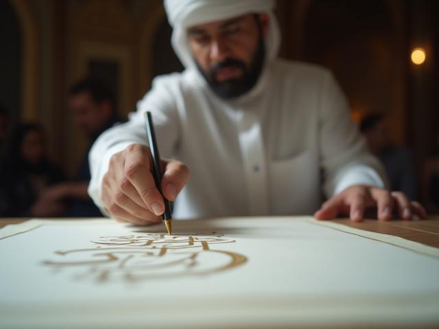 خطاط عربي يعرض بمهارة حركة يده أثناء الكتابة لجمهور مهتم.