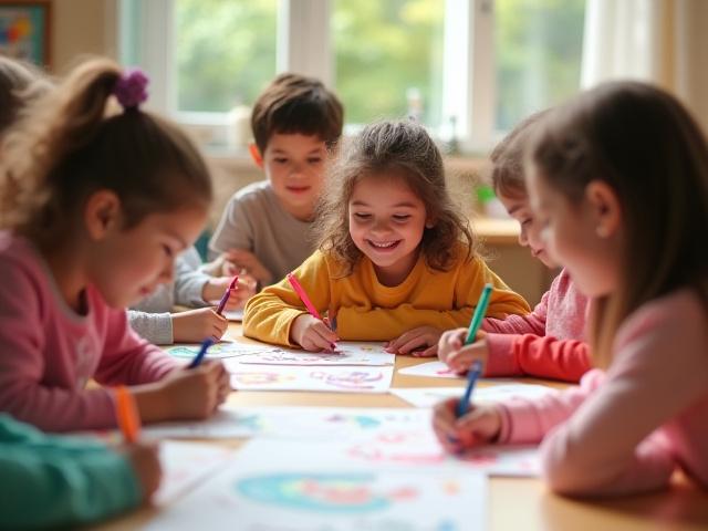 أطفال يشاركون بسعادة في ورشة خط عربي مخصصة لهم.