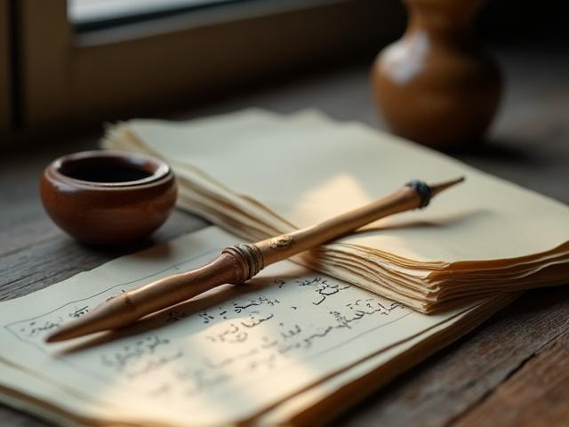 لقطة مقربة لأداة الخط التقليدية (القلم) والحبر، ترمز للأصالة.