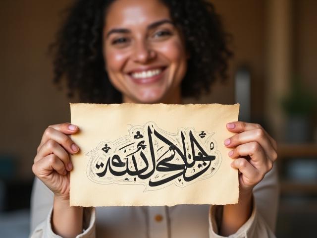 مشارك بالغ ينهي قطعة فنية خطية بابتسامة رضا.