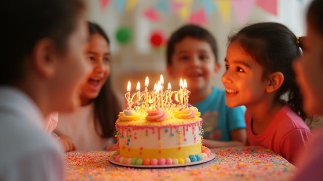 صورة كعكة عيد ميلاد ملونة مع أطفال يحتفلون.