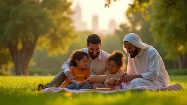 عائلة تلعب على العشب الأخضر في حديقة بدبي.