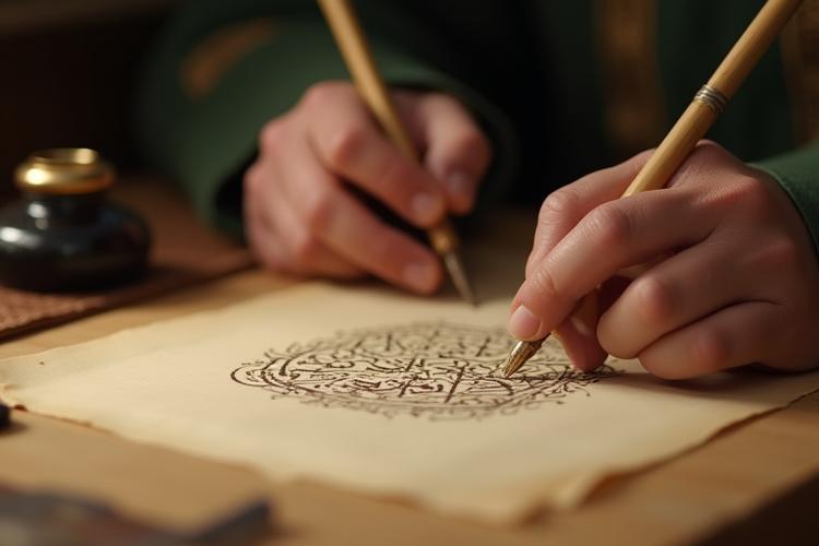 يد فنانة خط عربي ترسم حروفًا عربية أنيقة على ورقة فاخرة، مع التركيز على التفاصيل الدقيقة