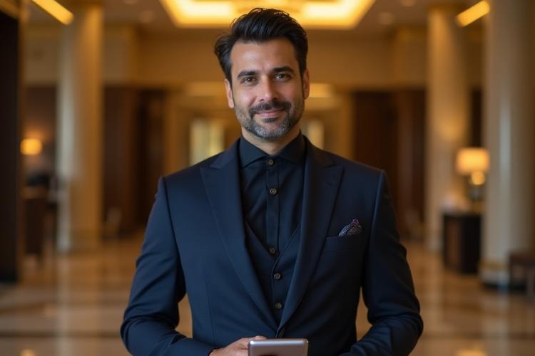 رجل يرتدي زي كونسيرج أنيق ويبتسم بثقة في بهو فندق فاخر