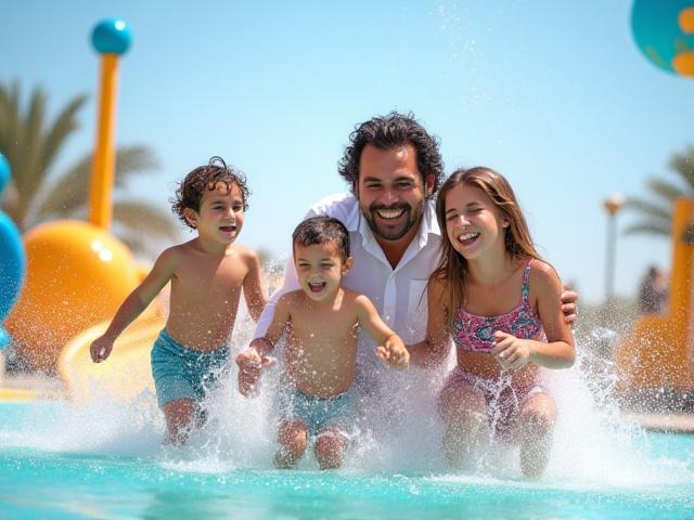 عائلة تضحك وتستمتع في مدينة ألعاب مائية في دبي