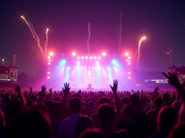 جمهور يستمتع بحفل موسيقي حي في مكان فعاليات حديث في دبي