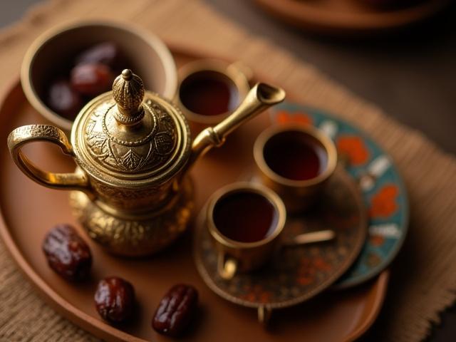 قهوة عربية أصيلة في دلة وفناجين بتمر