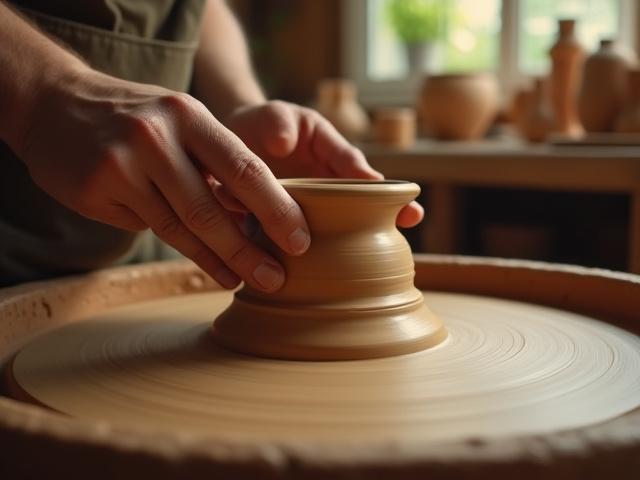 ورشة فخار محلية مع فنان يعمل على عجلة فخار