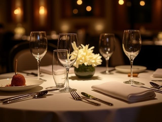 طاولة طعام فاخرة معدة لعشاء خاص في مطعم راقٍ