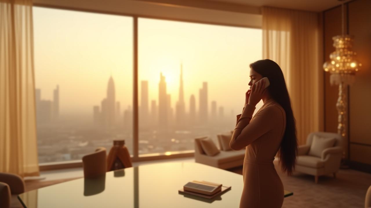 شخص أنيق يتحدث بهدوء على الهاتف في ردهة فندق فاخر مطلة على أفق دبي