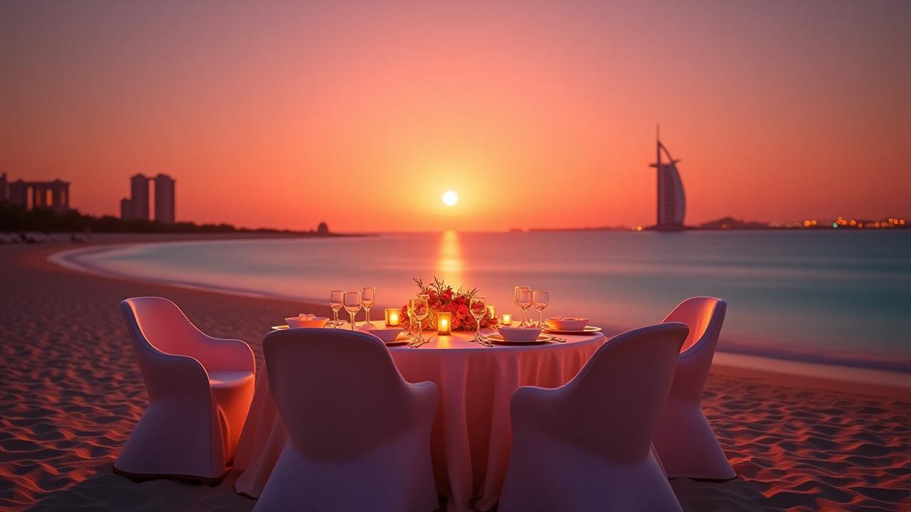 عشاء رومانسي لشخصين على شاطئ تحت غروب الشمس