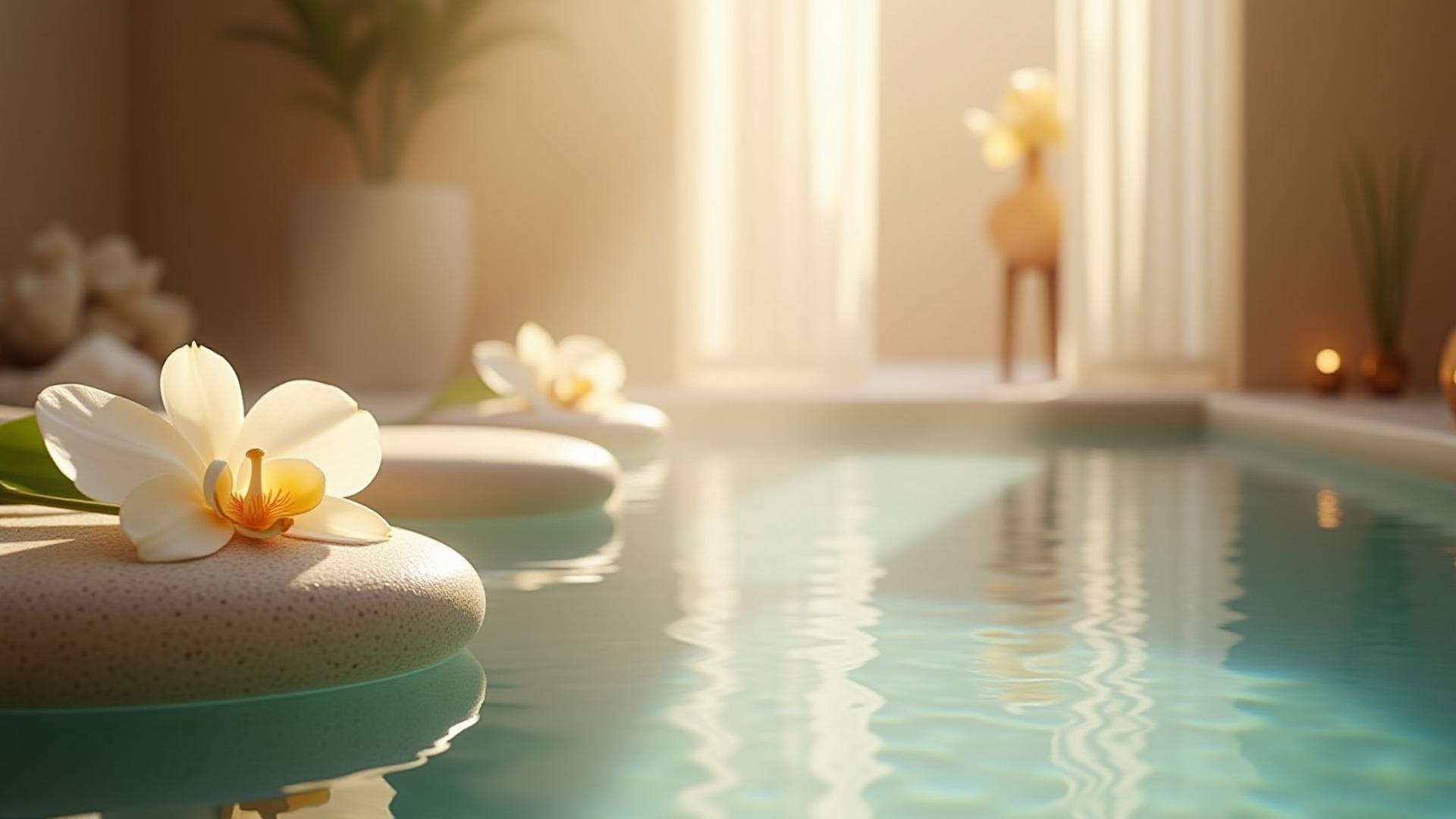 صورة هادئة لمنتجع صحي فاخر مع أحجار وزهور وماء